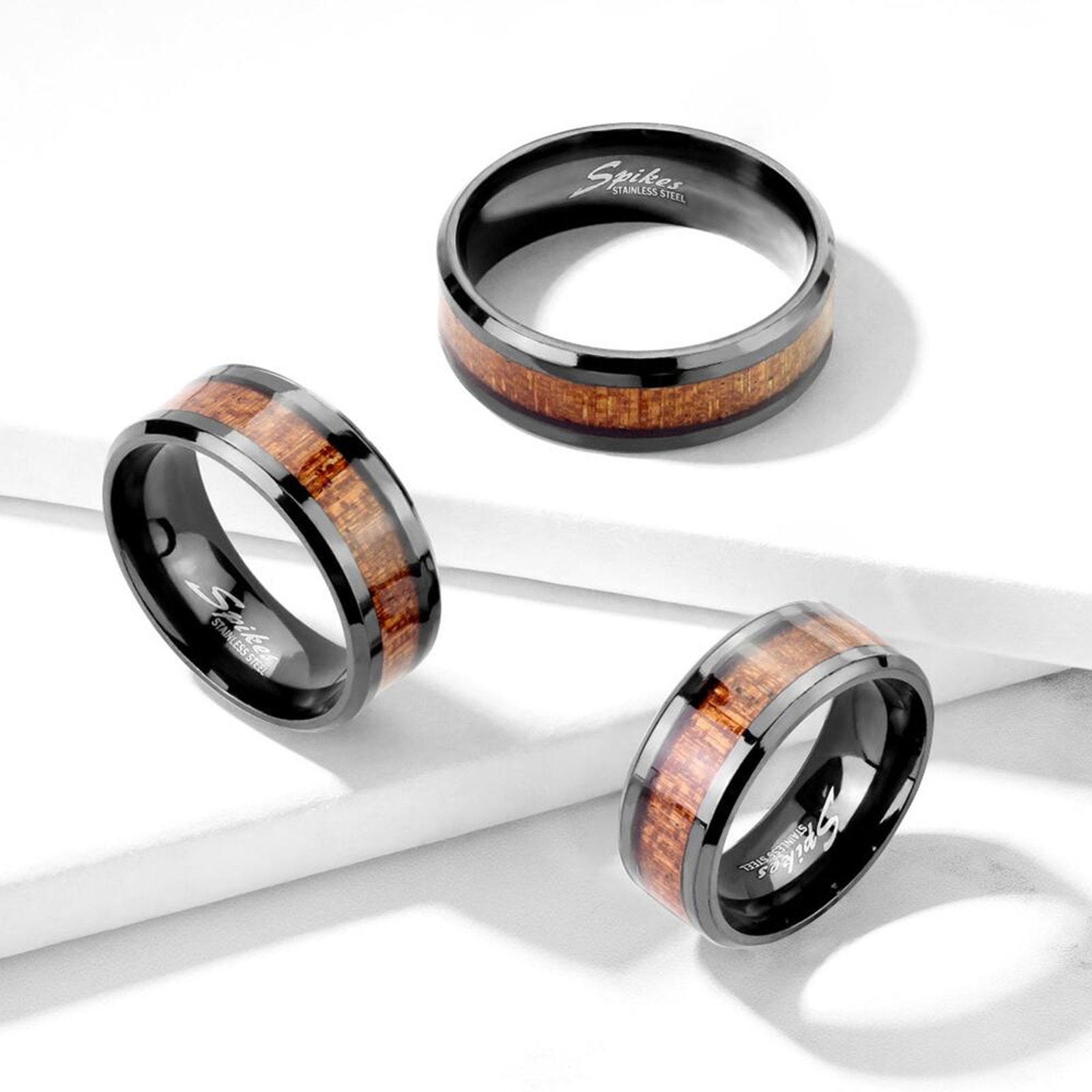 Wood Inlay Center Beveled Edges Black Ip Stainless Steel Ring Size 10